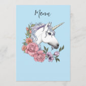 Menu Unicorne blanche Fleurs roses Mariage bleu (Dos)