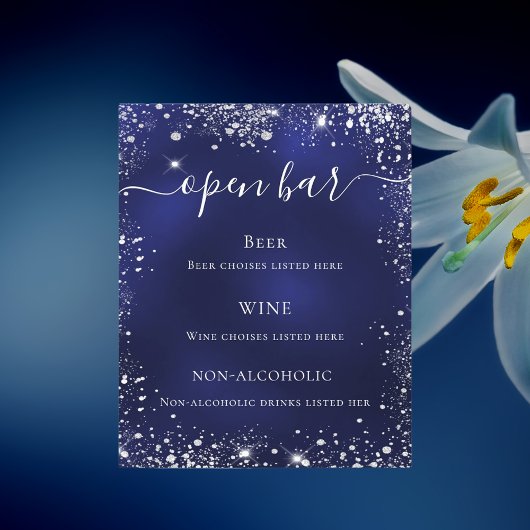 menu van de marineblauwe zilverglitter bruiloft