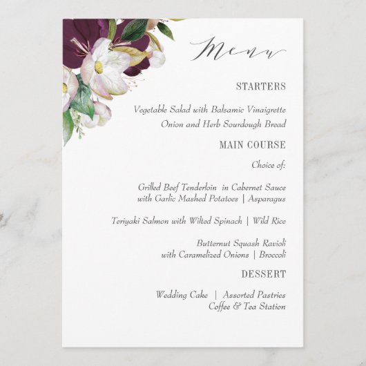 Menu Velvet Magnolia Typographie Mariage ou dîner (Devant)