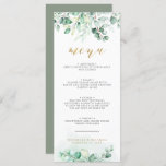 Menu Verdure Aquarelle Eucalyptus Gold Dîner Mariage<br><div class="desc">Dîner Eucalyptus Gold Mariage Carte Verdure. Monogramme au fond.</div>