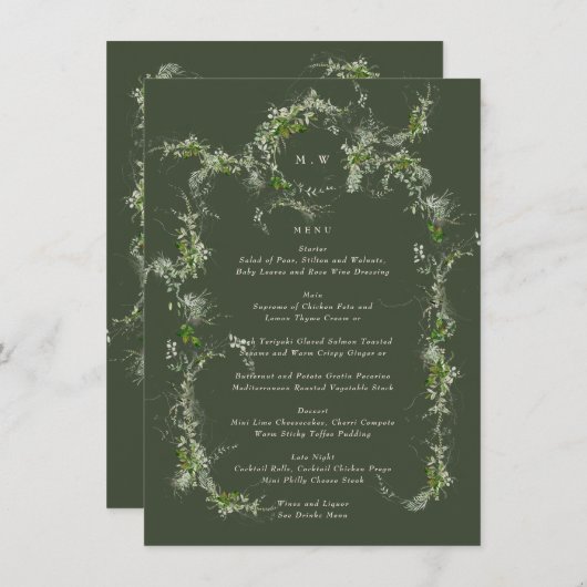 Menu Verdure encadrée Monogramme Eucalyptus Mariage ver (Devant / Derrière)
