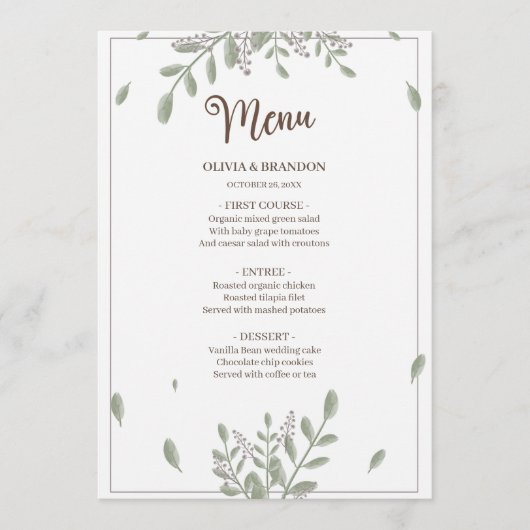 Menu Verdure minimaliste avec Mariage d'aquarelle (Devant)