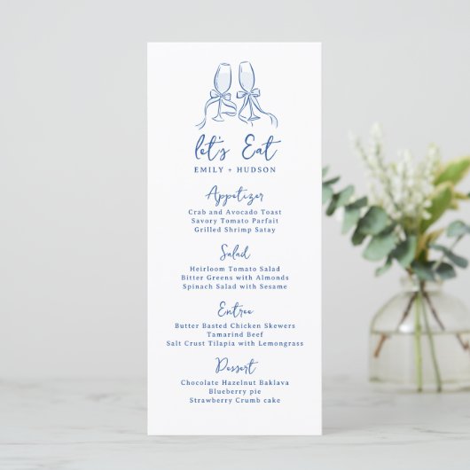 Menu Verres à Cheers dessinés à la main Bleu Mariage Fa (Debout devant)