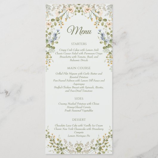 Menu Vert Elégant Fleur sauvage Pastel Mariage (Devant)