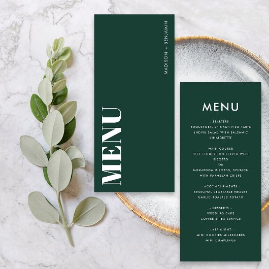 Menu Vert émeraude minimaliste Mariage moderne