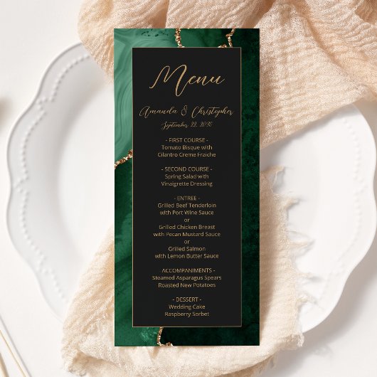 Menu Vert émeraude moderne or agate mariage sombre