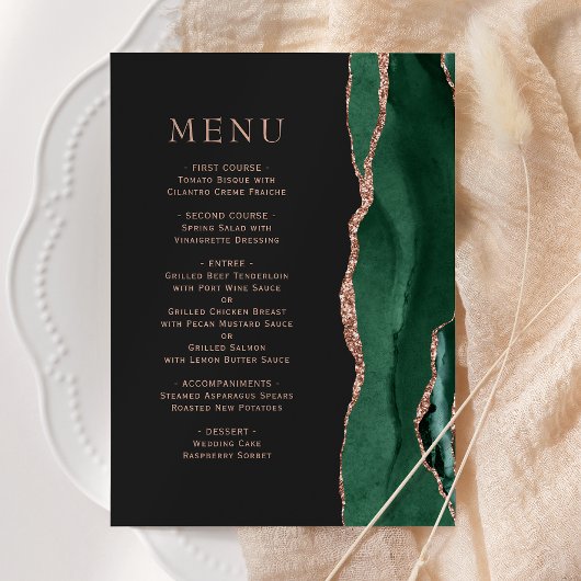 Menu Vert émeraude Rose Or Agate Mariage sombre