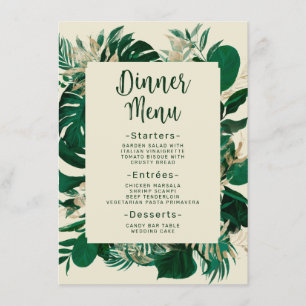 Menu Vert moderne Dîner Mariage tropical Feuille