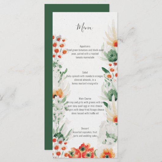 Menu Vert orange blanc Aquarelle Mariage Floral | (Devant / Derrière)