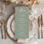 Menu Vert sage | Mariage classique italien d'élégance<br><div class="desc">Ces élégantes cartes de menu mariage vert sauge présentent un style classique et ancien avec une calligraphie blanche romantique. Ajoutez votre choix de dîners pour les entrées ou les entrées, le premier plat, le plat principal ou l'entrée, et les desserts. Donnez le ton pour votre réception de mariage ou dîner...</div>
