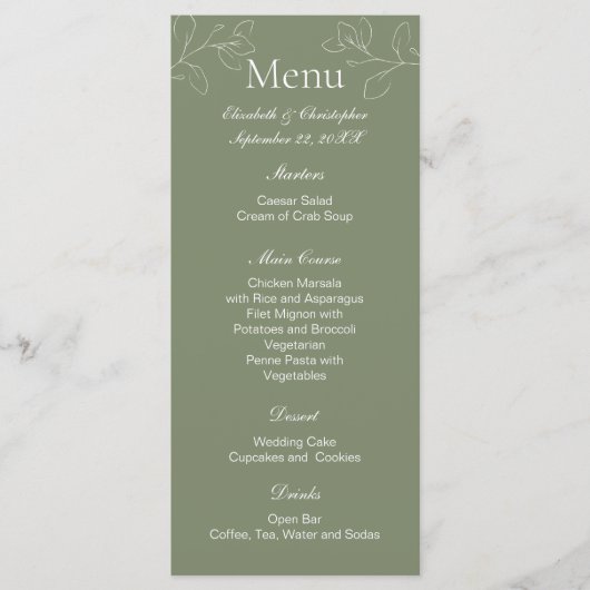 Menu Vert sauge Boho Fleurs blanches Botanique Mariage (Devant)