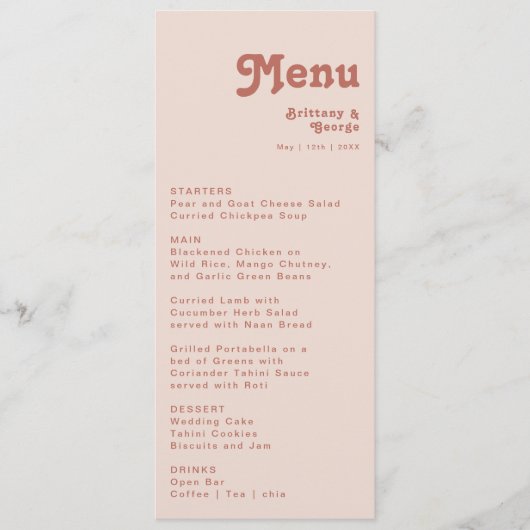 Menu Vibes rétro simples | Dîner Mariage rose pâle (Devant)