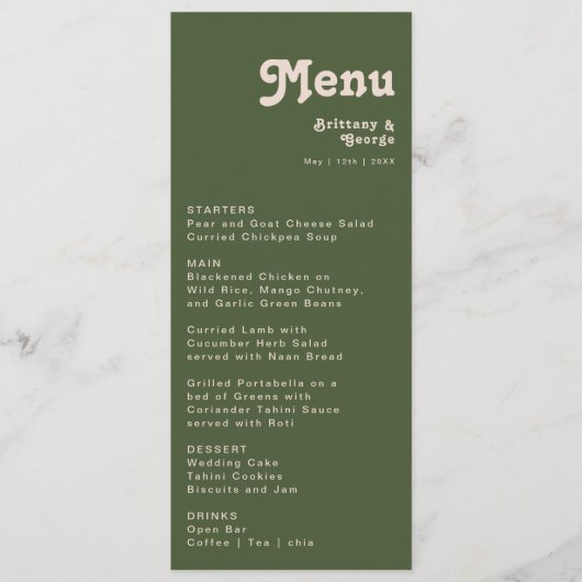 Menu Vibes rétro simples | Dîner Mariage vert olive (Devant)