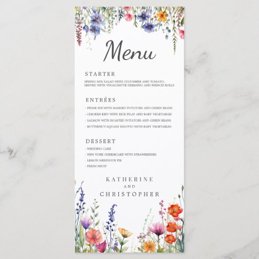 Menu Vibrant Watercolor Wildflowers Elegant Wedding (Devant)