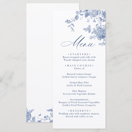 Menu Victorian Dusty Blue French Garden Floral Mariage (Devant / Derrière)