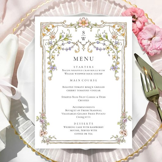 Menu Victorian Ornate Grace Bohemian Dîner Mariage