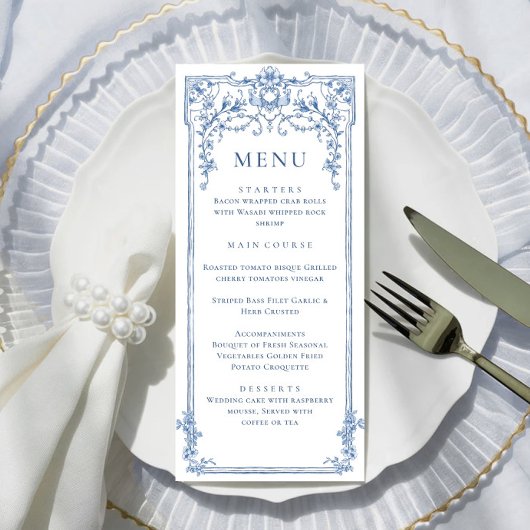 Menu Victorian Ornate Grace Floral Blue Mariage Dîner