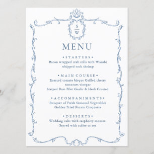 Menu Victorien Ornate Grace Floral Dusty Mariage bleu