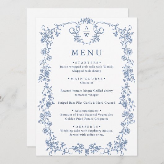 Menu Victorien Ornate Grace Floral Dusty Mariage bleu (Devant / Derrière)