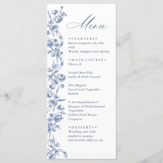Menu Victorien Ornate Grace Floral Dusty Mariage bleu (Devant)