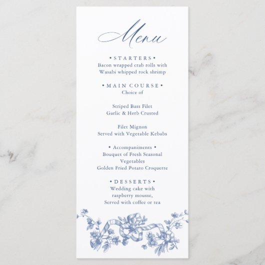 Menu Victorien Ornate Grace Floral Dusty Mariage bleu (Devant)