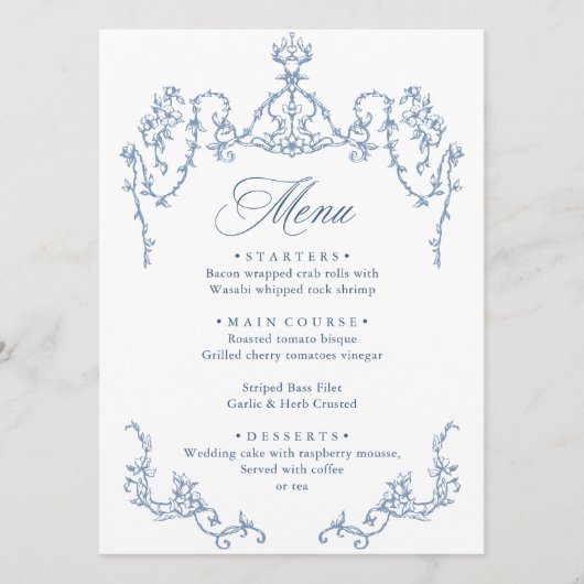 Menu Victorien Ornate Grace Floral Dusty Mariage bleu (Devant)