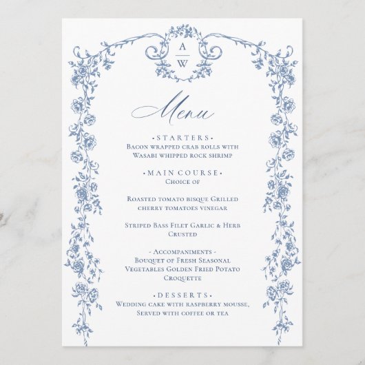 Menu Victorien Ornate Grace Floral Dusty Mariage bleu (Devant)