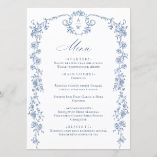 Menu Victorien Ornate Grace Floral Dusty Mariage bleu