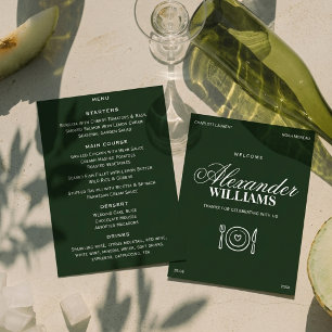 Menu Vieux Argent Élégant Vert foncé Chic Mariage