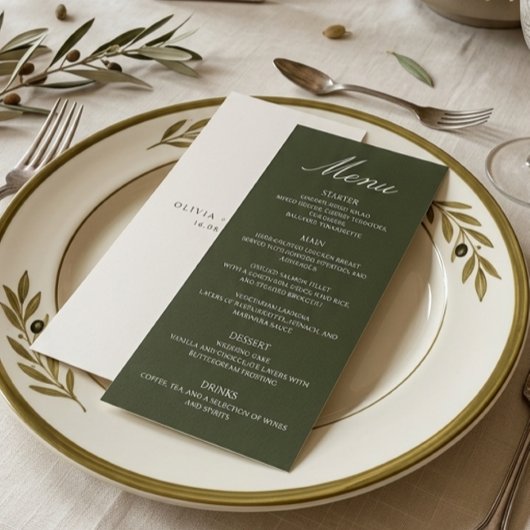 Menu Vieux Argent Olive Vert Élégant Monogramme Mariage