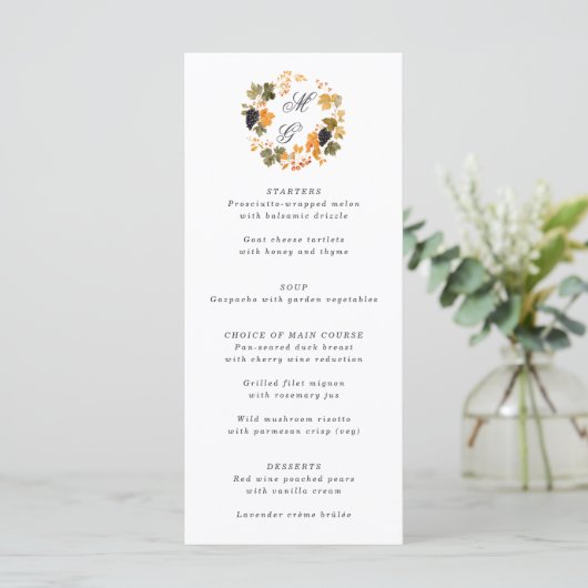 Menu Vignoble Monogram Fall Wreath Vineyard Mariage (Debout devant)