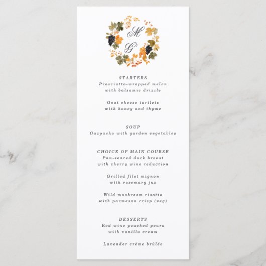 Menu Vignoble Monogram Fall Wreath Vineyard Mariage (Devant)