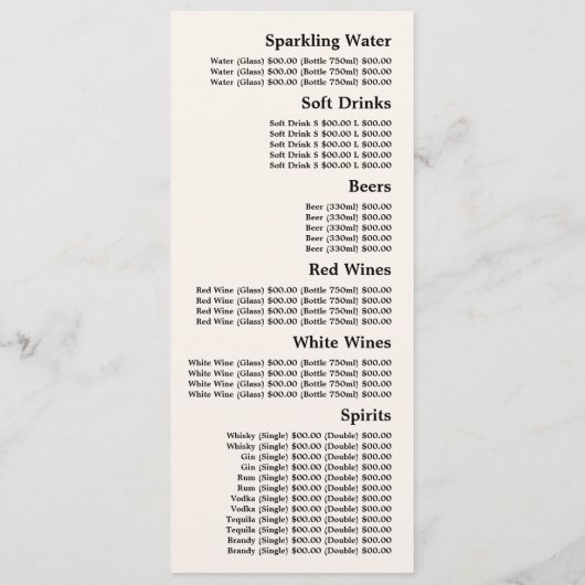 Menu Vin Classique & Raisins, Restaurant Mince (Dos)