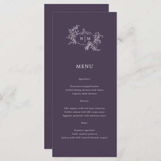 Menu Vins citrouilles Plum foncé violet Monogramme Mari (Devant / Derrière)