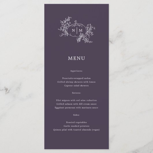 Menu Vins citrouilles Plum foncé violet Monogramme Mari (Devant)