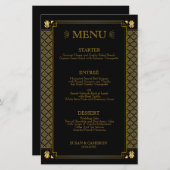 Menu vintage Art Déco Black Gold Mariage (Devant / Derrière)