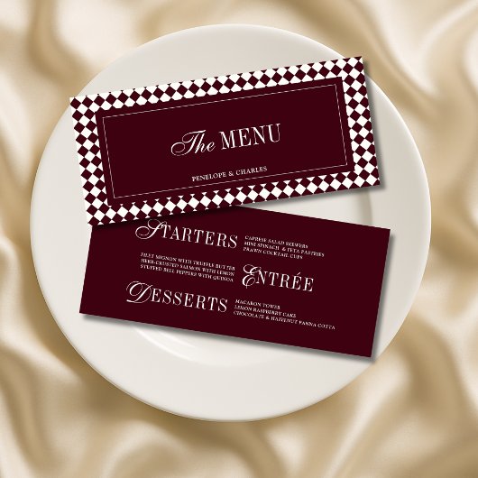 Menu Vintage Burgundy Checkered Elegant Script Wedding