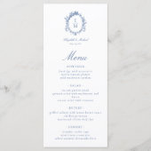 Menu Vintage Crest Monogramme Botanique Bleu Mariage (Devant)
