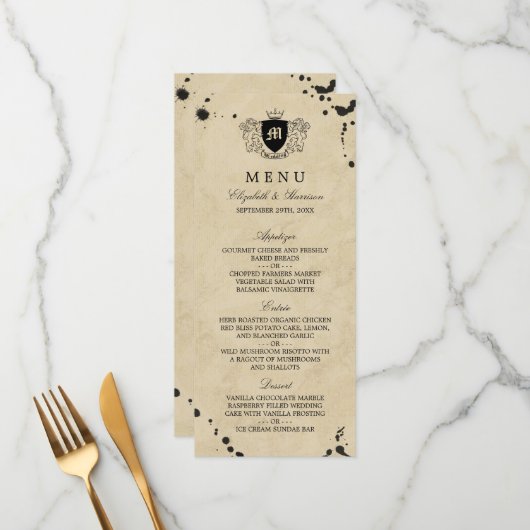 Menu vintage Monogram & Ink Stain Mariage (Devant/Arrière en situation)