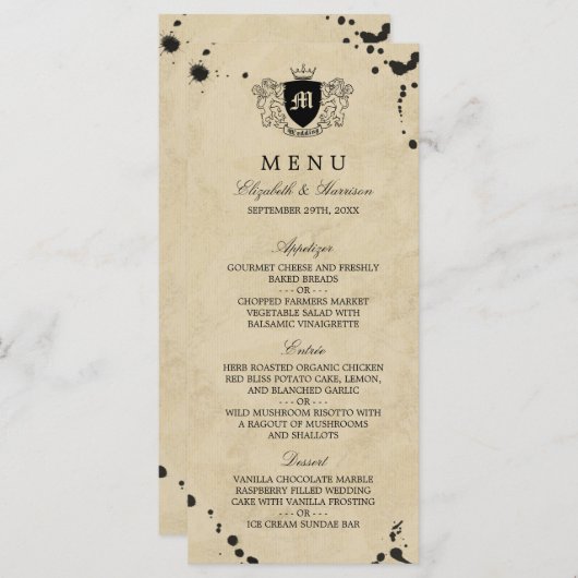 Menu vintage Monogram & Ink Stain Mariage (Devant / Derrière)