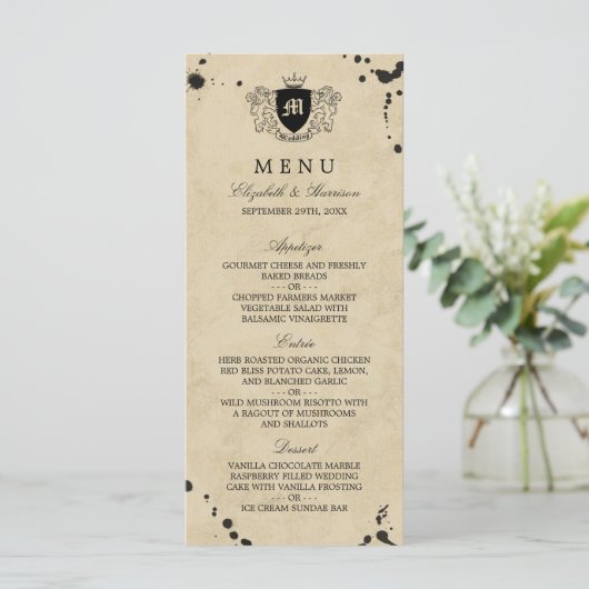Menu vintage Monogram & Ink Stain Mariage (Debout devant)