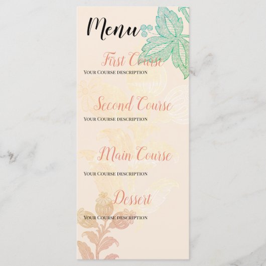 Menu Vintage Pastel Floral Pêche Mariage vert (Devant)