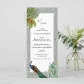 Menu Vintage Peacock Feather Tropical Greenery Mariage (Debout devant)