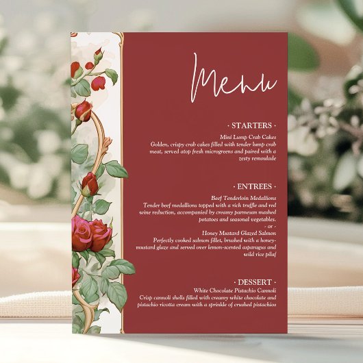 Menu Vintage Red Rose Wedding Reception Dinner Card