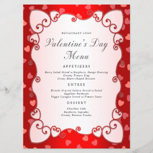 Menu Vintage Red Valentine's Day Coeurs roses frontière
