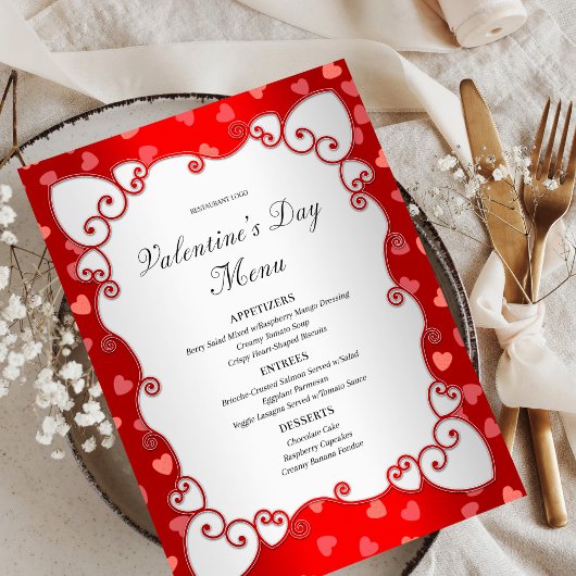Menu Vintage Red Valentine's Day Coeurs roses frontière