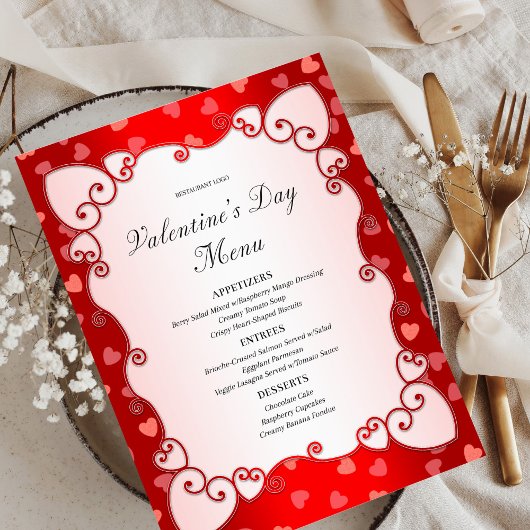 Menu Vintage Red Valentine's Day Coeurs roses frontière