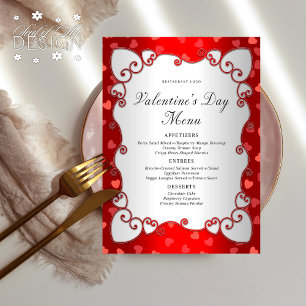 Menu Vintage Red Valentine's Day Coeurs roses frontière