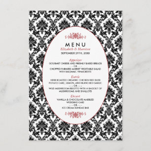 Menu vintage rouge, noir et blanc Mariage damassé