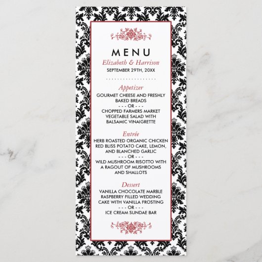 Menu vintage rouge, noir et blanc Mariage damassé (Devant)